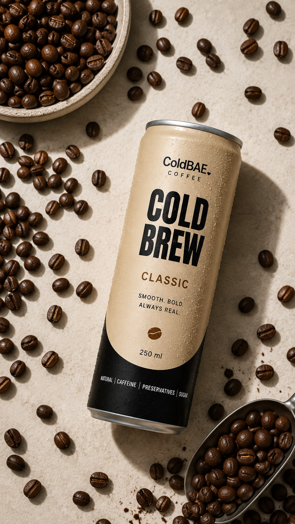 ColdBAE Classic cold brew can with coffee beans