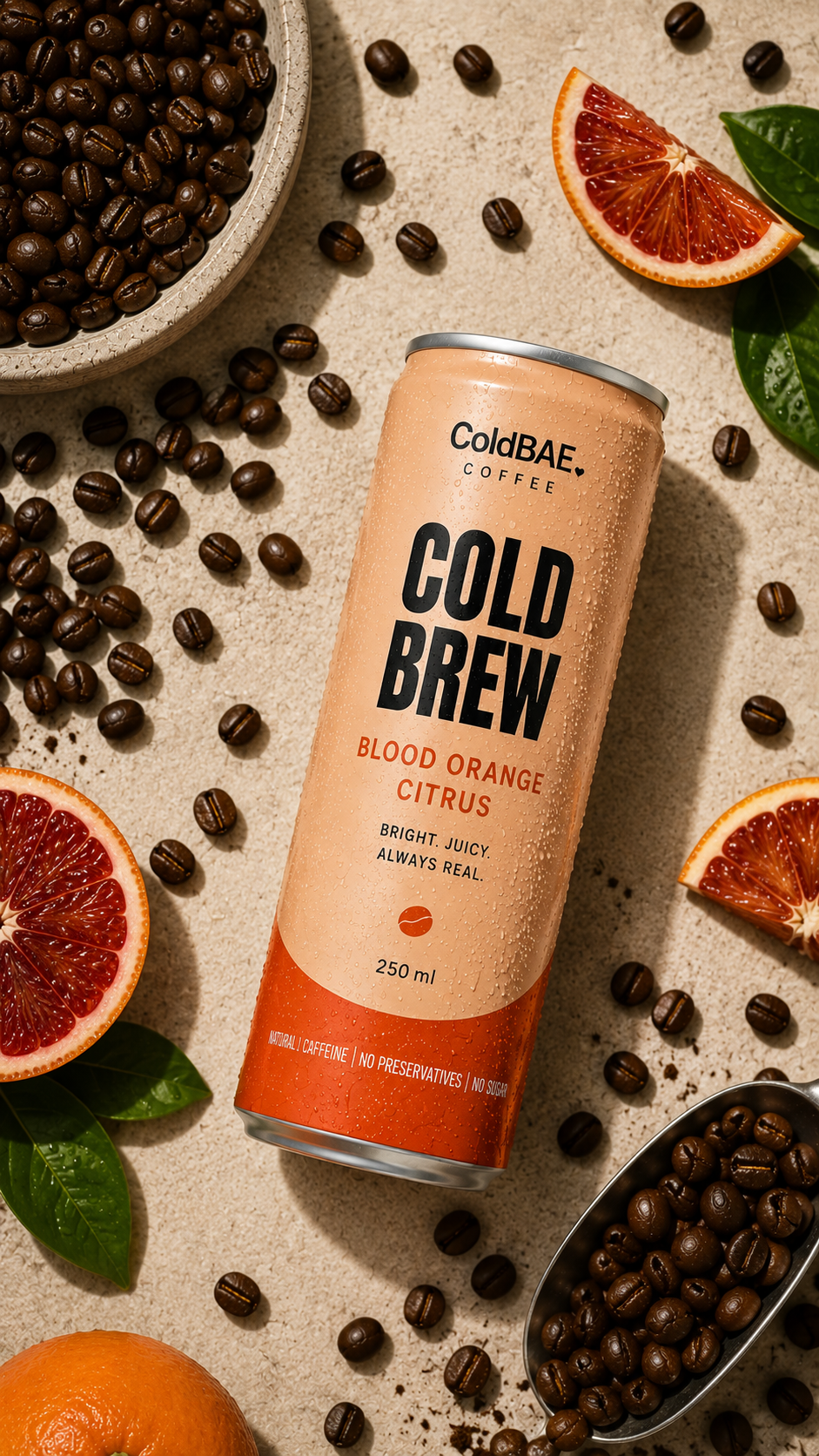 ColdBAE Blood Orange Citrus cold brew can with blood orange slices