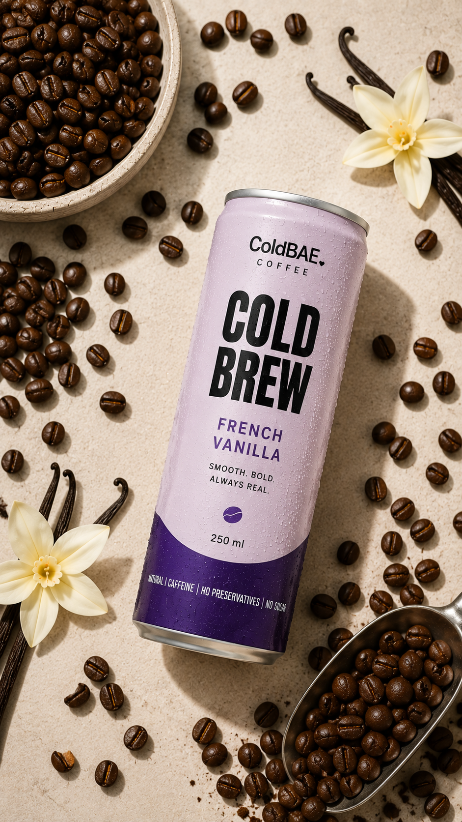ColdBAE French Vanilla cold brew can with vanilla pods and coffee beans